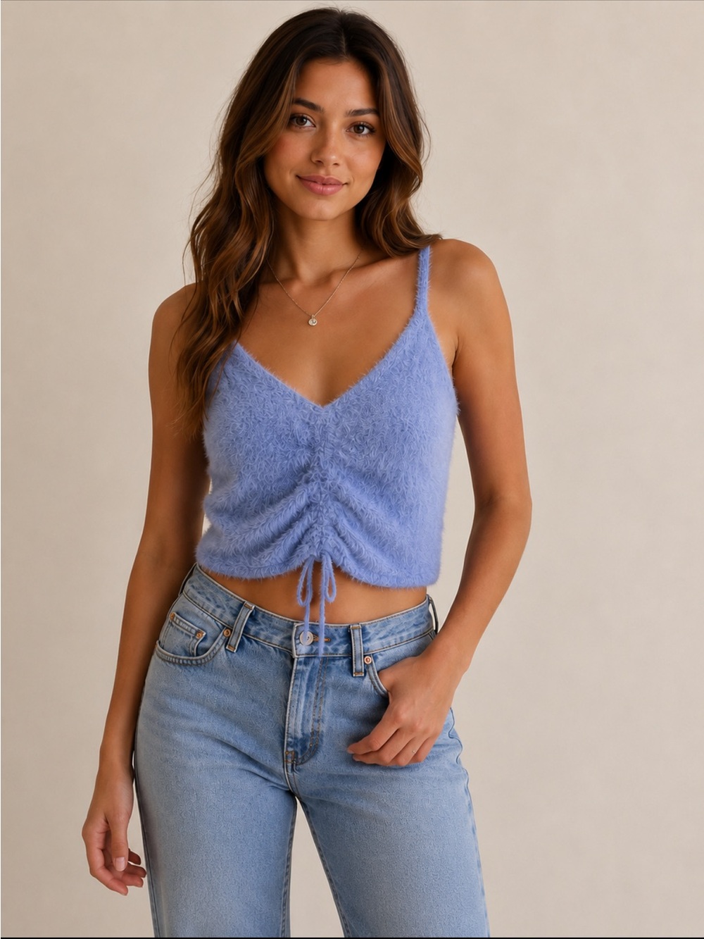 Hollister Fuzzy Knit Cinch Front Cropped Cami Tank Top Lavender Blue Size Small